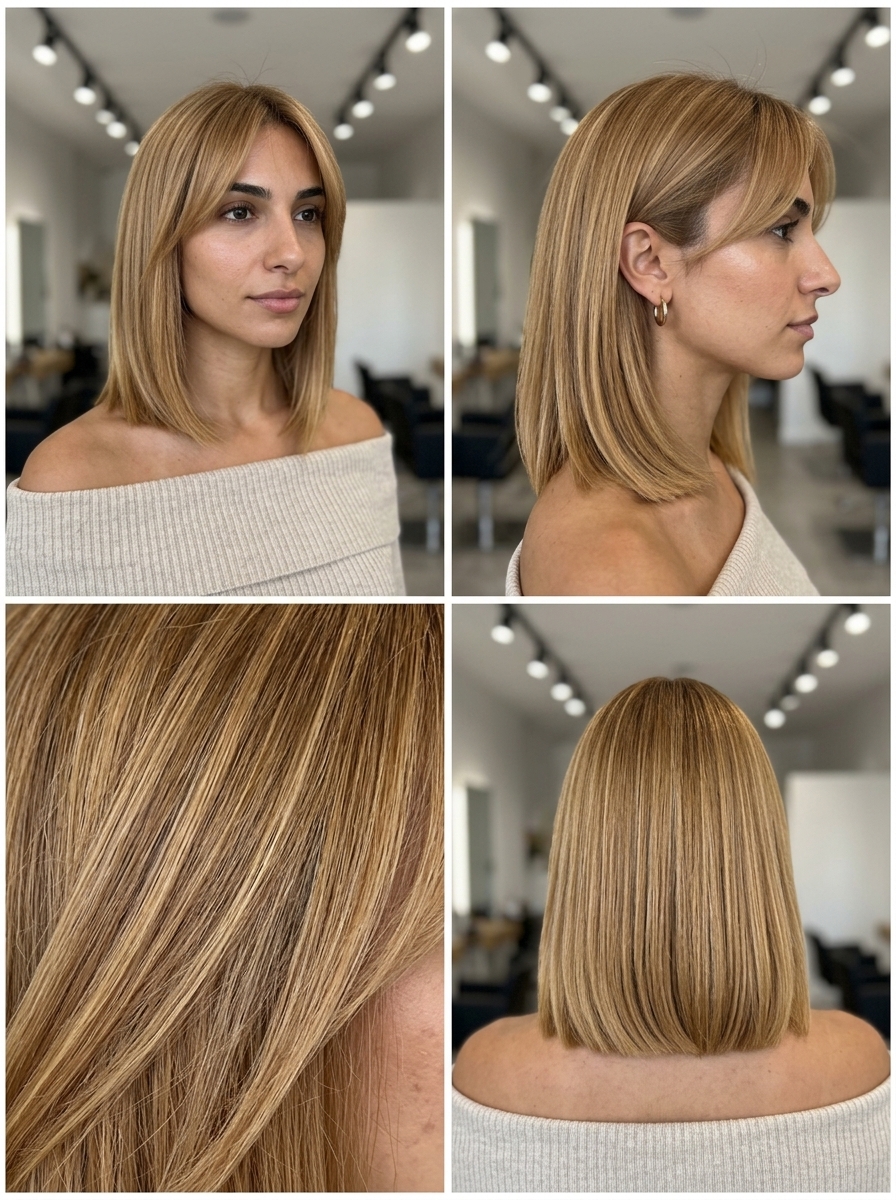 Honeycomb Honey Blonde Lob 2026 medium lob with warm honey blonde babylights, clean perimeter for polished look