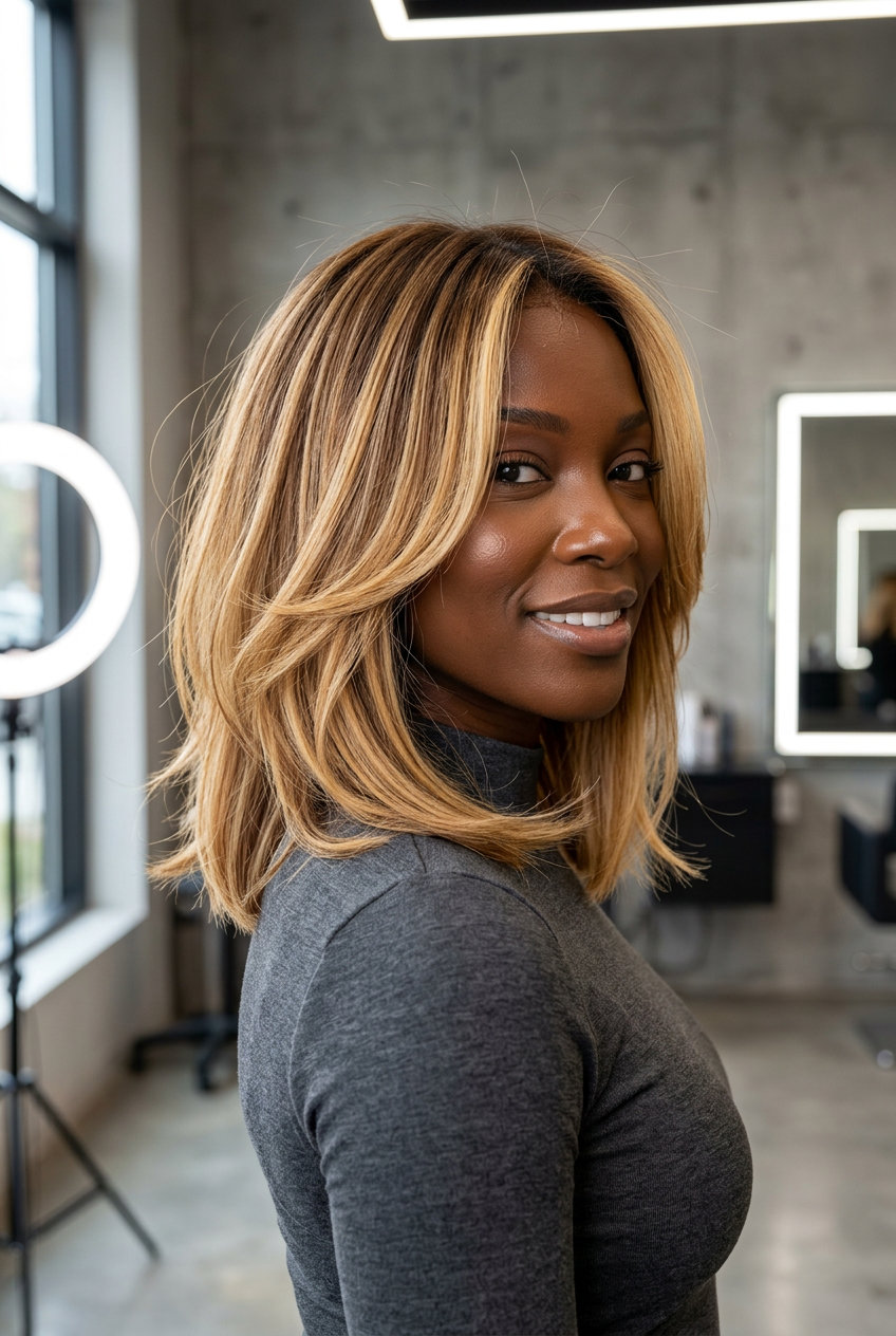 shoulder-length lob with warm honey blonde highlights, face-framing layers, swept-aside fringe for romantic date night
