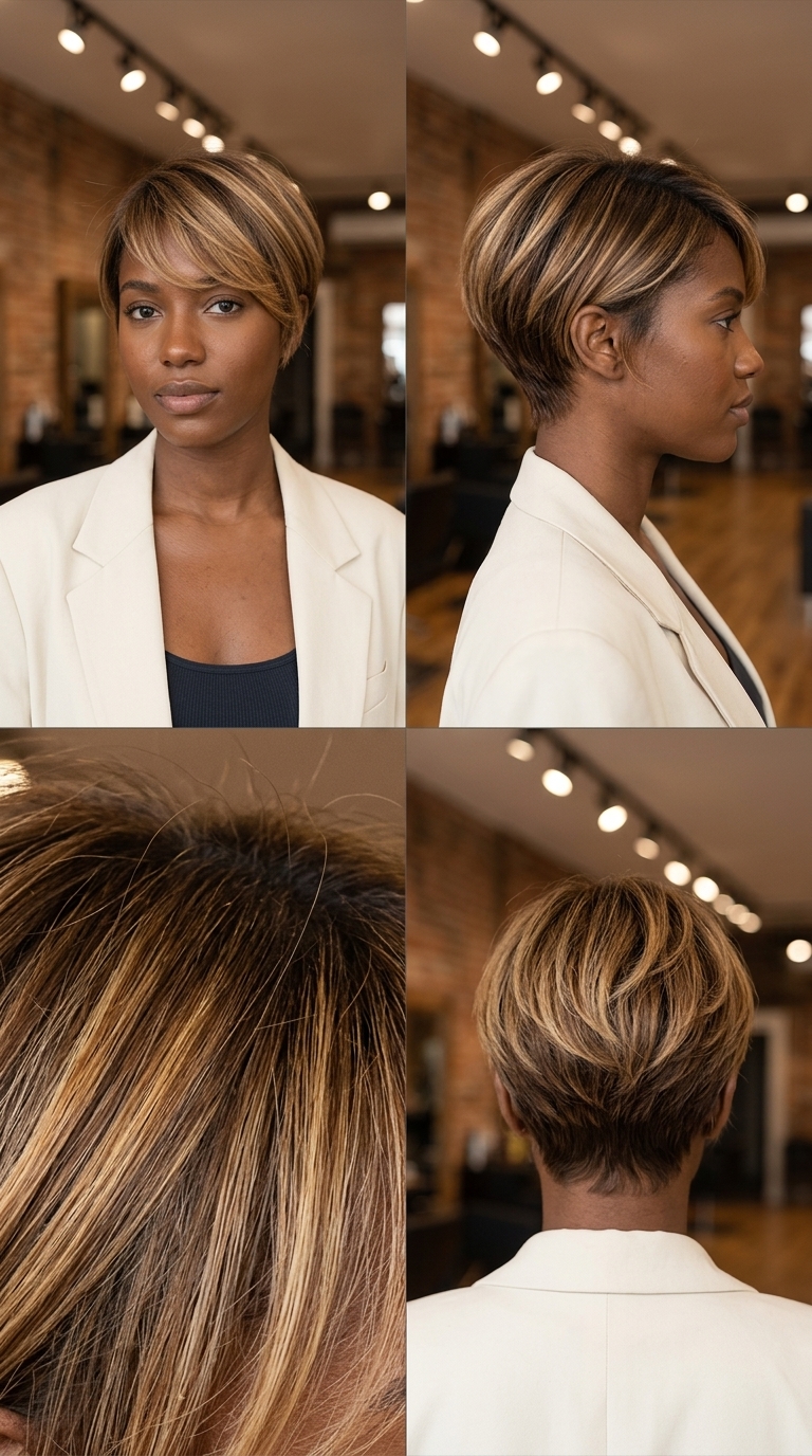 very short pixie haircut in honey blonde balayage on brown base, soft layered texture, side-swept fringe — effortless beach day style