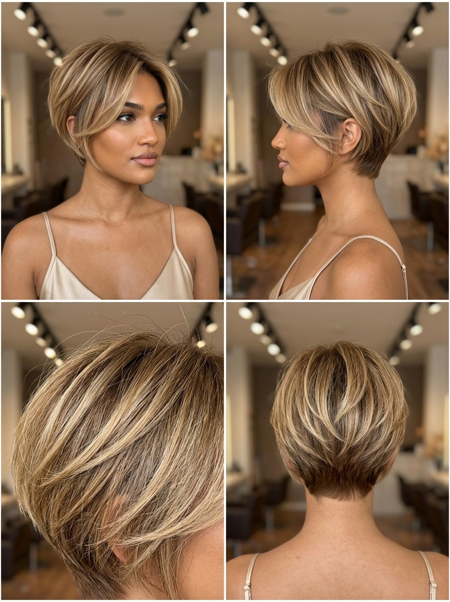 very short pixie haircut with honey blonde balayage and tapered sides for summer 2026