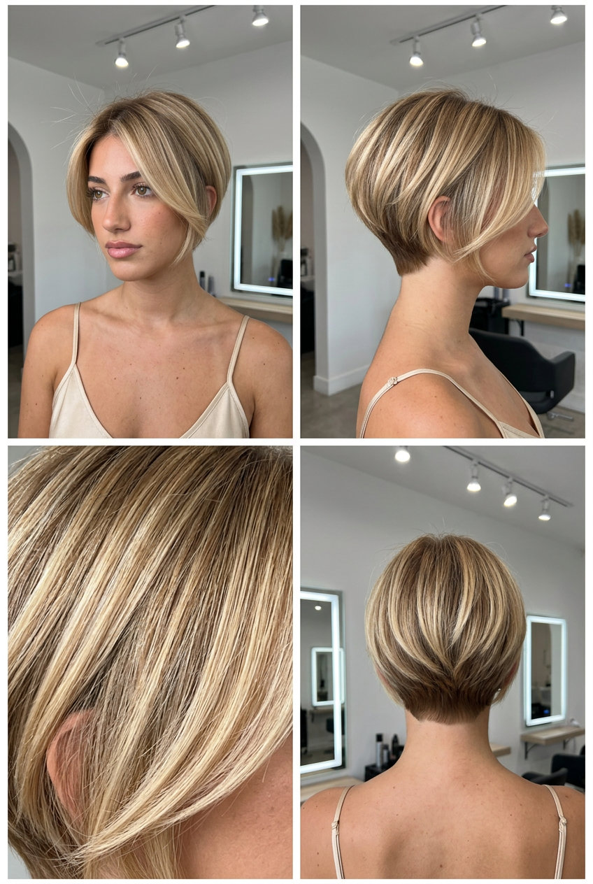 Honey Butter Blonde Crop 2026 short sculpted crop ombre with neutral blonde to honey butter blonde, tapered nape and piecey texture — minimalist chic style