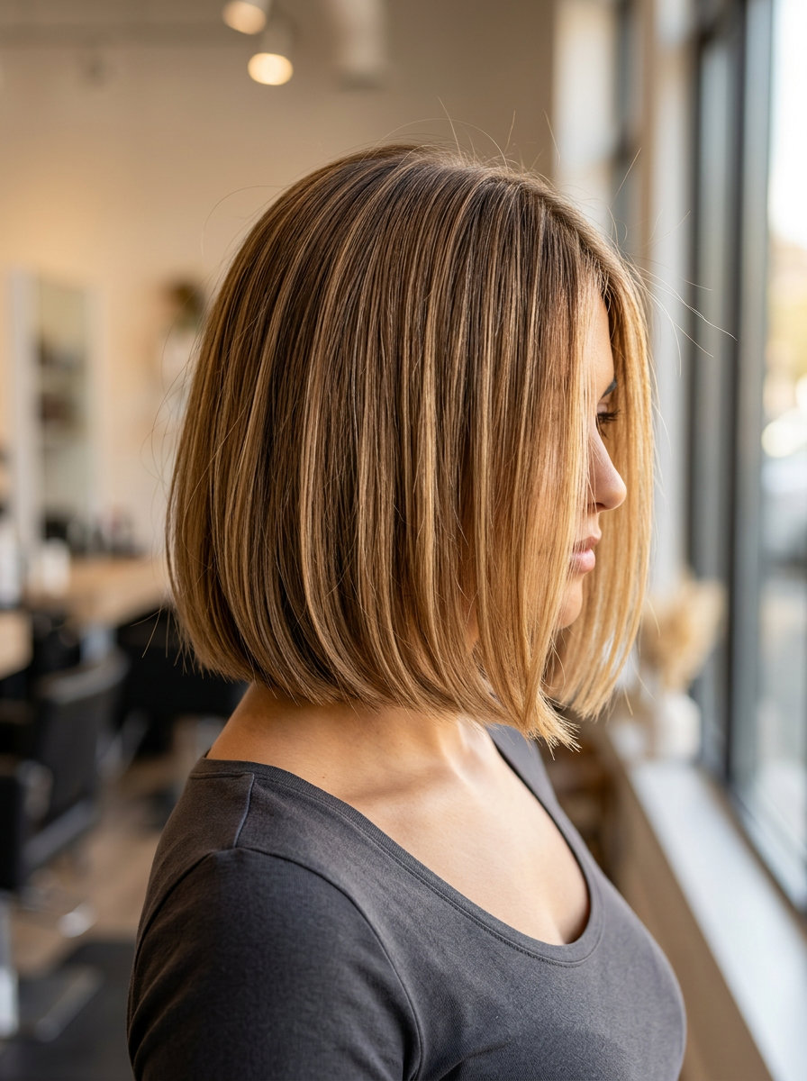 shoulder-length Italian bob with deep honey blonde and caramel lowlights, balayage — retro chic