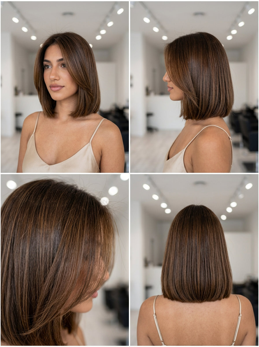 chin-length honey glazed brunette bob, blunt cut, high shine for professional events