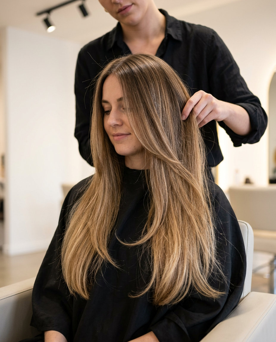 Luminous Honey Glaze Ombre Hair 2026 extra-long layered hair ombre with soft brown to translucent honey gold, seamless ghost layers — luminous radiant style