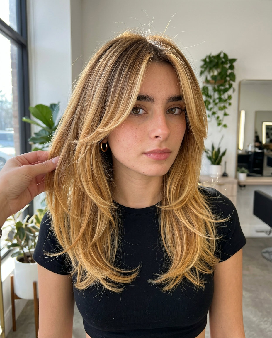 Honey Gold Ombre Shag 2026 medium-length shag ombre with dark honey blonde to golden honey, razor-cut layers and curtain bangs — bold festival style