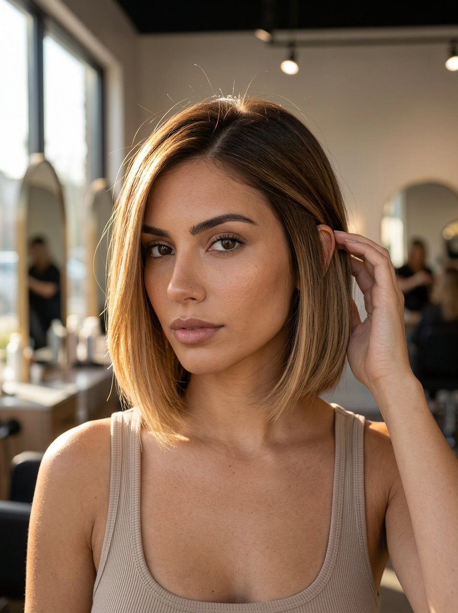 Sculpted Honey Bob Ombre 2026 jaw-length sculpted bob ombre with warm honey brown to golden honey, precision cut with graduation — sophisticated modern style