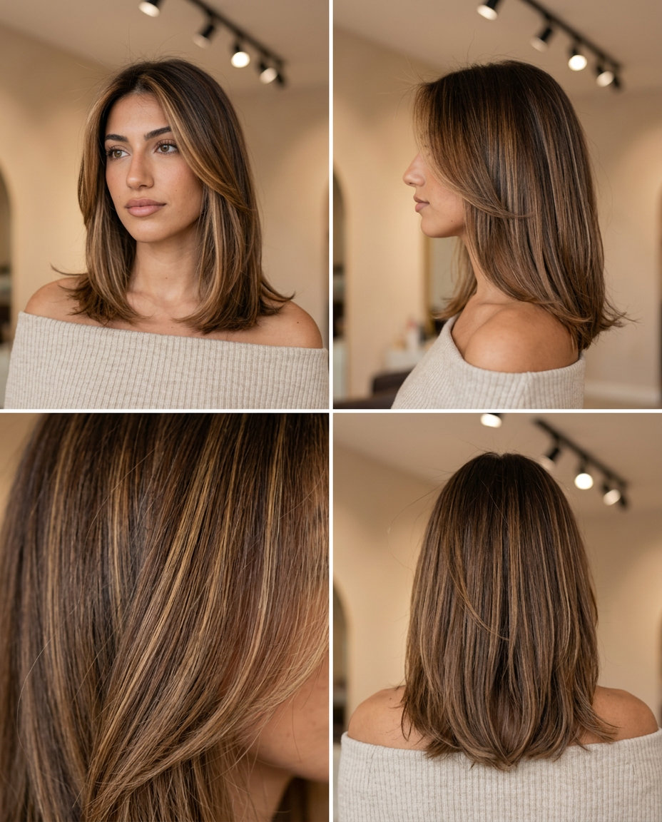long honey balayage hair color with caramel highlights, face-framing pieces for vacation