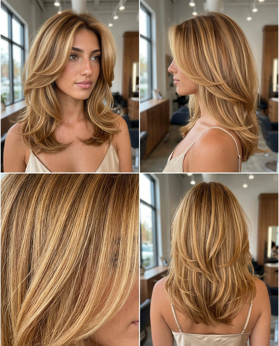 long honey blonde haircut with golden caramel and amber tones, balayage, and root smudge — radiant