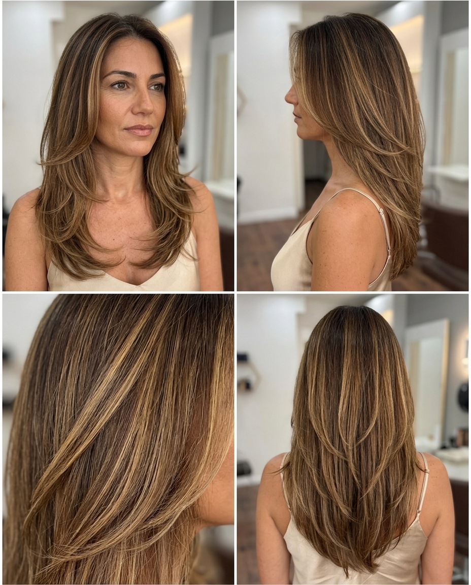 Sun-Kissed Honey Layers 2026 long V-cut haircut in expensive honey with golden blonde balayage and face-framing for summer