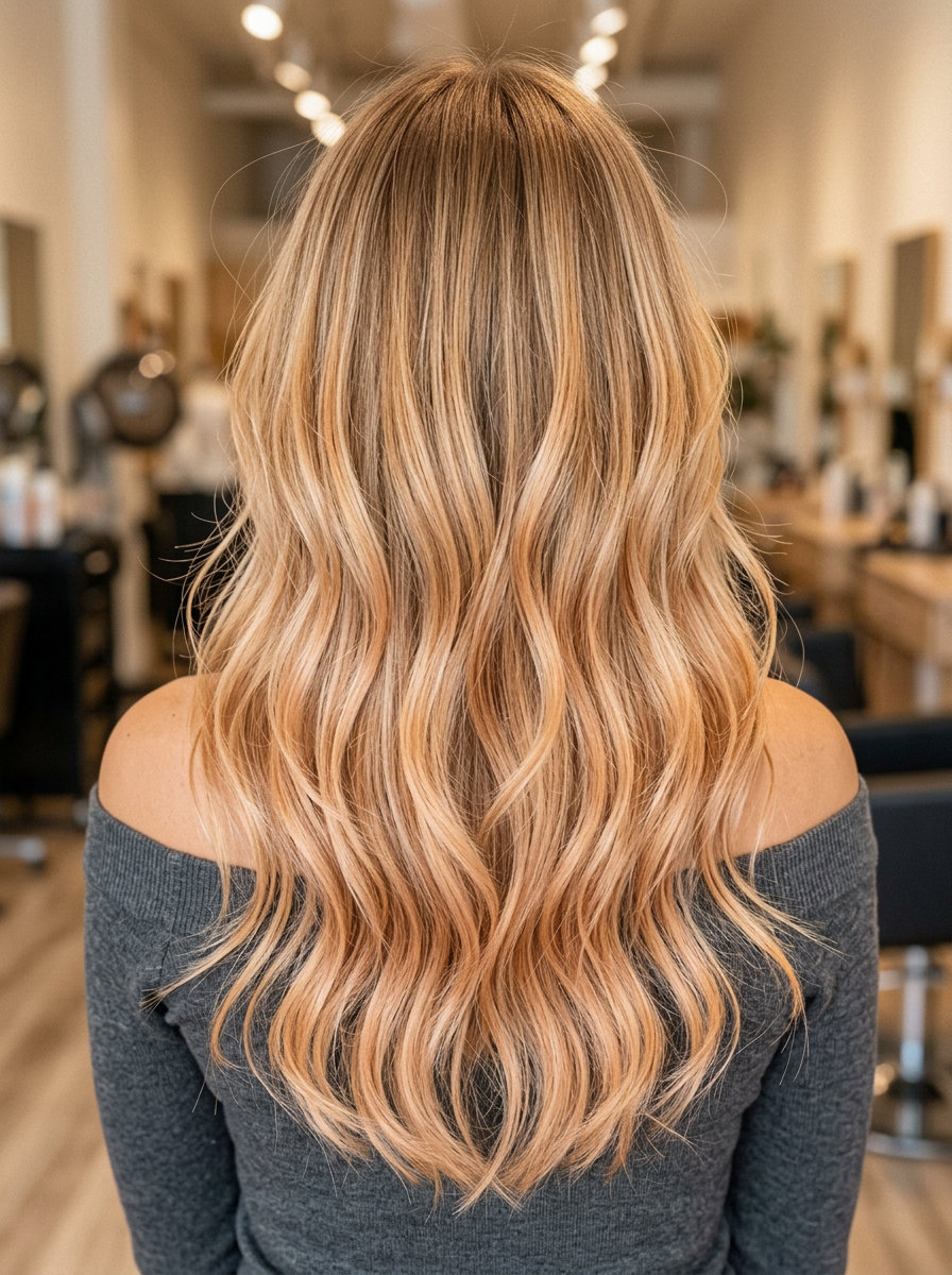 Honey Peach Balayage Ombre Hair 2026 waist-length layered hair ombre with warm blonde to honey peach, seamless balayage and razored ends — romantic bohemian style