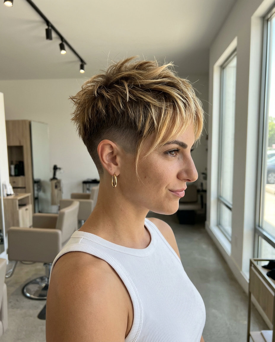 Edgy Honey Pixie Ombre 2026 very short pixie fade ombre with brown root to bright honey blonde, micro-bangs and tapered nape — edgy playful look