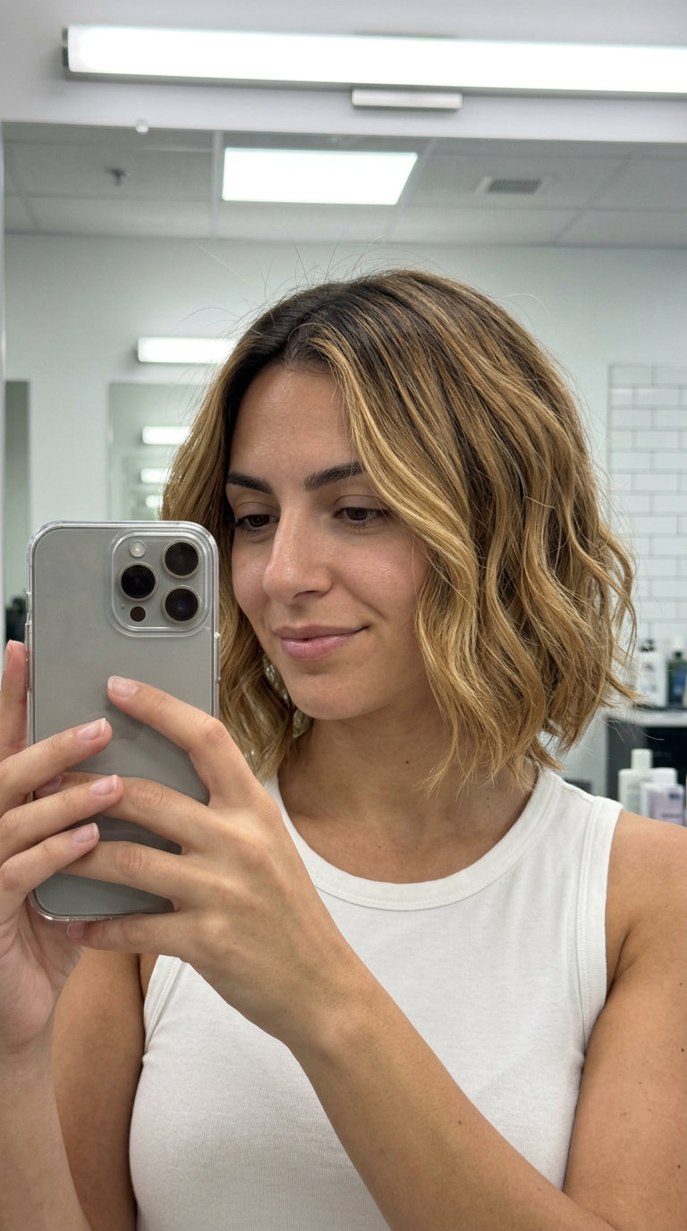 shoulder-length tousled bob haircut with honey balayage, seamless layers, for summer brunch