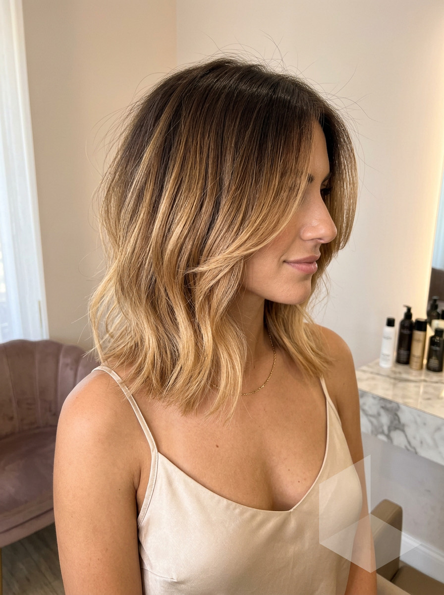 Warm Honey Toffee Melt Lob 2026 collarbone-length lob ombre with espresso to buttery toffee to honey blonde, seamless melt technique — soft effortless style