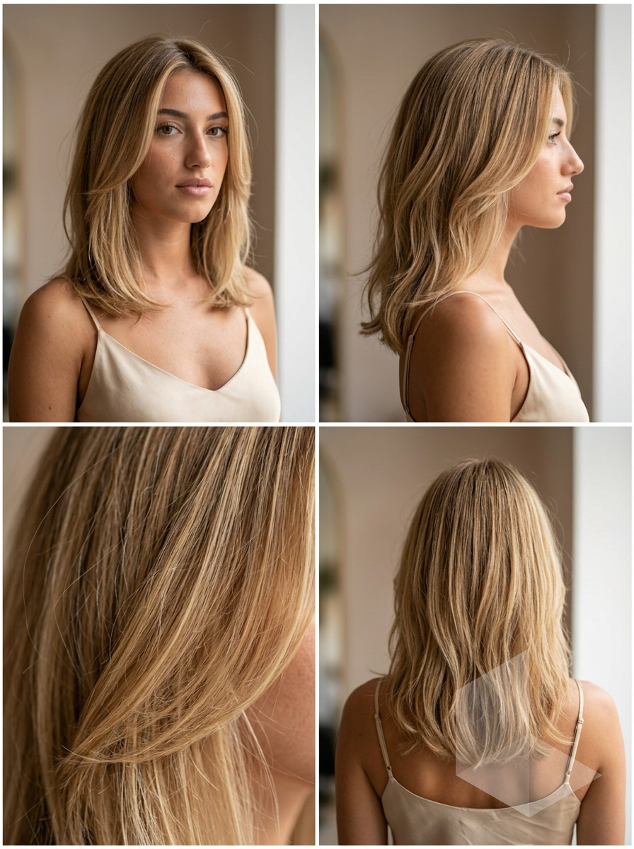 shoulder-length wavy honey blonde blend with fine babylights and sandy beige lowlights