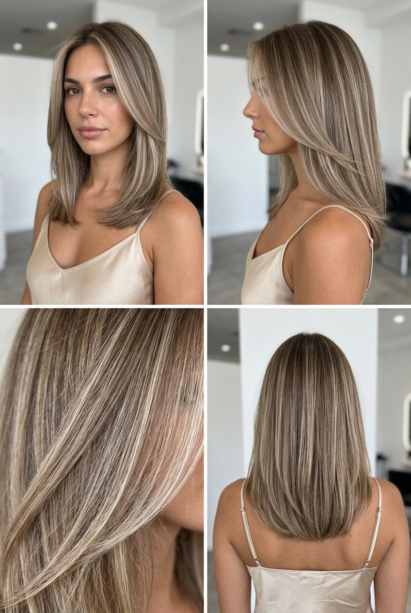 long blunt cut iced coffee neutral babylights with cool beige, subtle babylights, no fringe — minimalist professional look