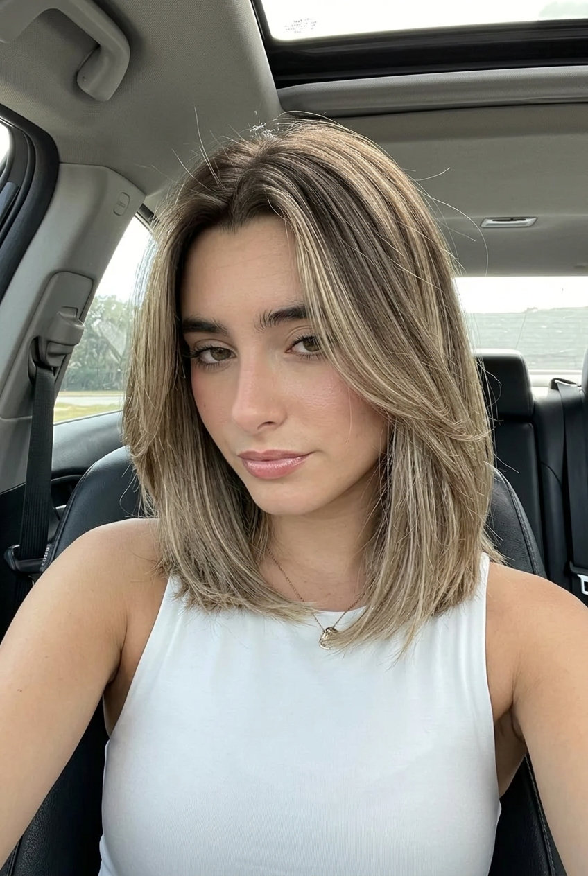 medium iced coffee brunette hair color with ash blonde tips, subtle highlights for casual