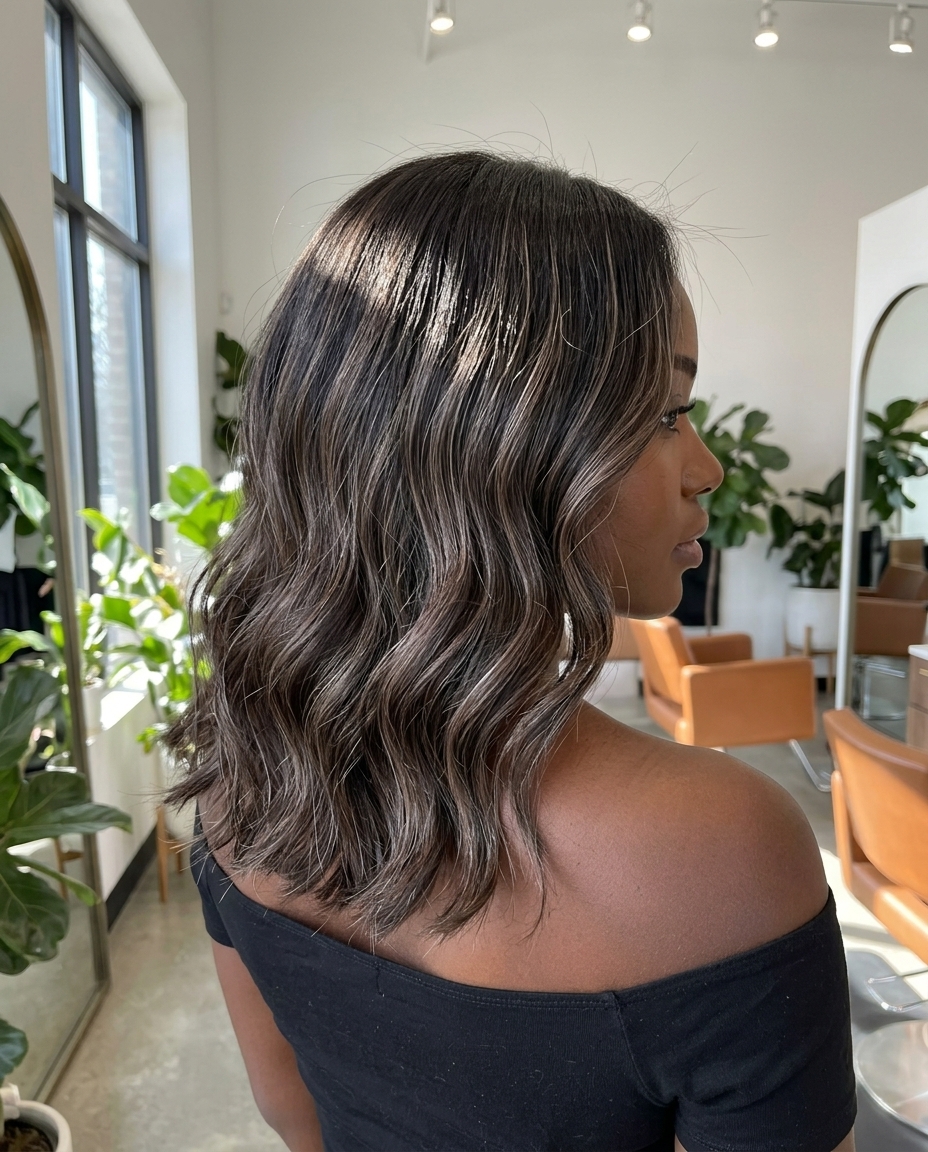 Iced Espresso Ash Brown Babylights 2026 long layered ash brown hair with iced espresso babylights, cool ash brown, subtle dimension — professional sophisticated