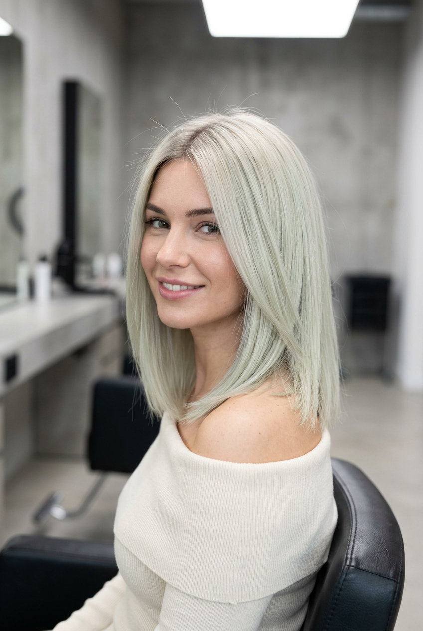short razored bob iced matcha platinum with ash-green tint, subtle ash shadow root — edgy summer hair color ideas 2026