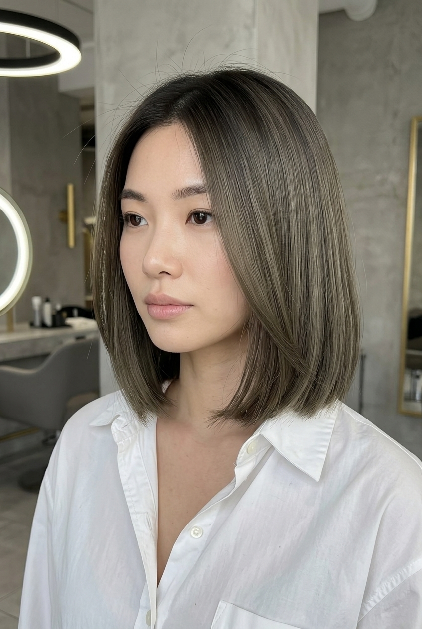 shoulder-length iced matcha brunette lob with espresso root for sophisticated