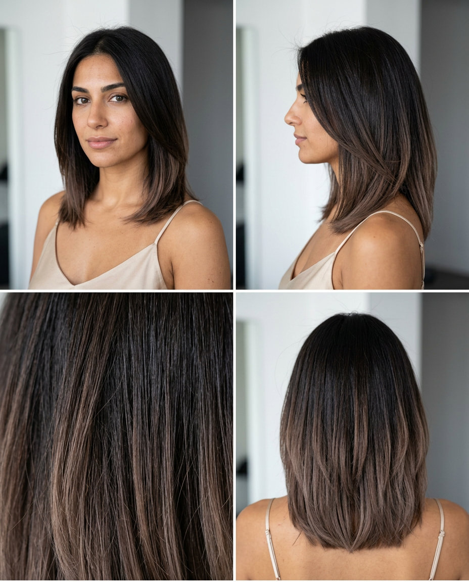 Iced Mocha Dip-Dye 2026: Edgy Brunette blunt medium-length mocha hair color with cool iced mocha ends, no fringe — playful edgy style