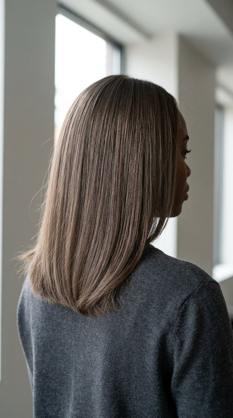 long iced mocha all-over color with ash undertones, all-over color, no fringe — sophisticated sleek look