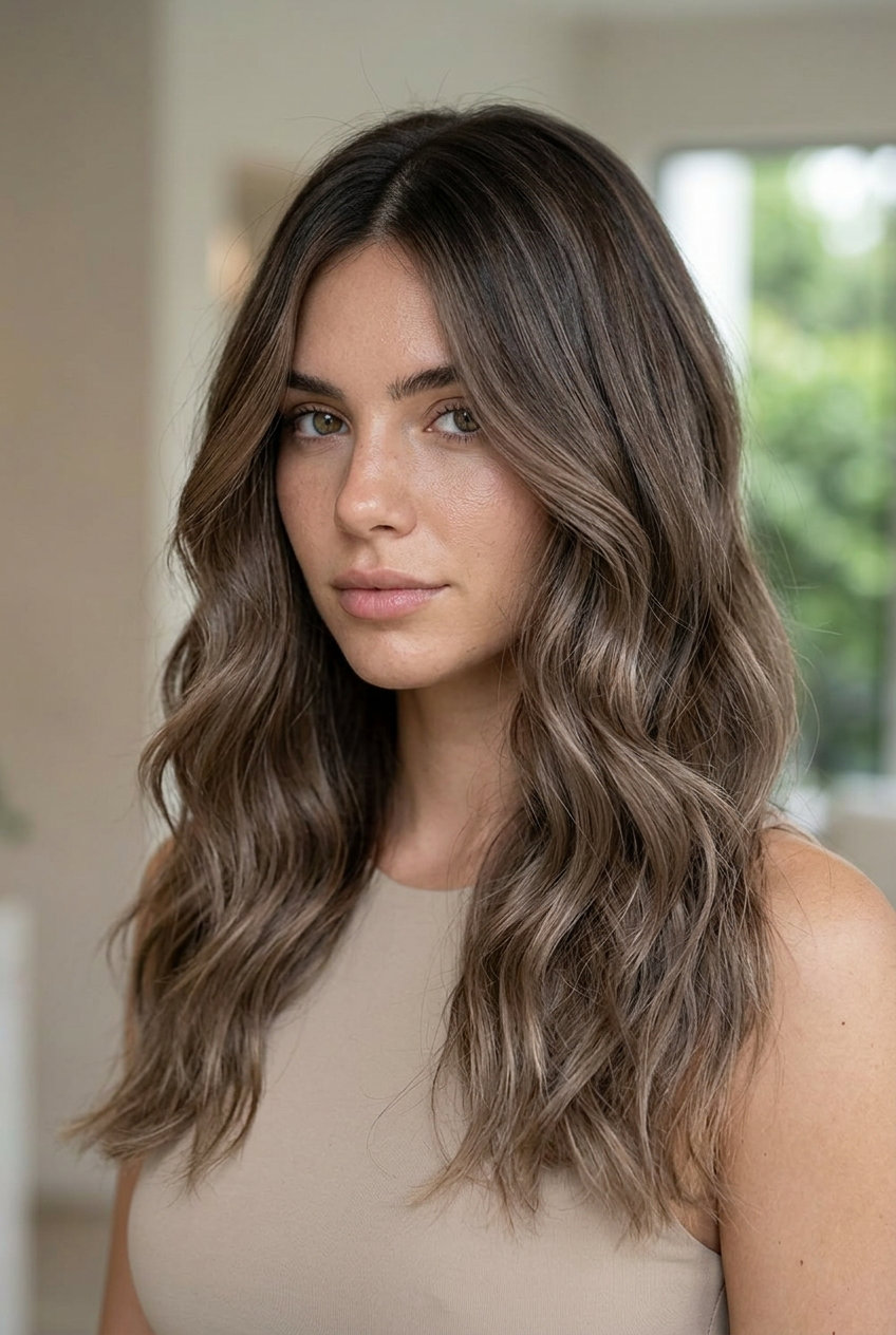 Iced Mocha Mid-Lengths 2026: Chic Hair Color medium-length mocha hair color with cool iced mocha, foilayage, no fringe — chic professional look