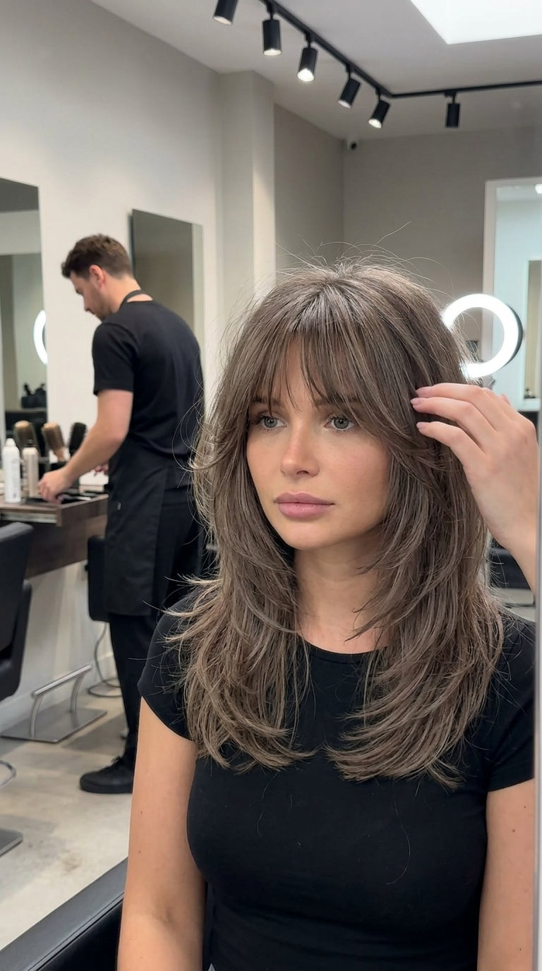 medium-length iced mocha shag with ash brown babylights and wispy birkin bangs for edgy look