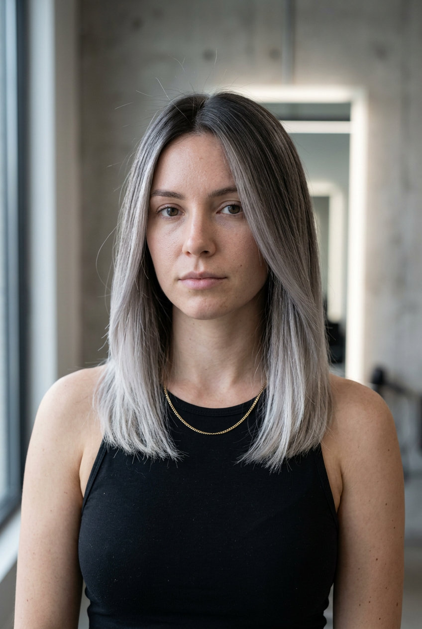 Icy Ash Brown Color Melt 2026 long straight ash brown hair with icy platinum ends, silver-ash melt, charcoal root — bold edgy