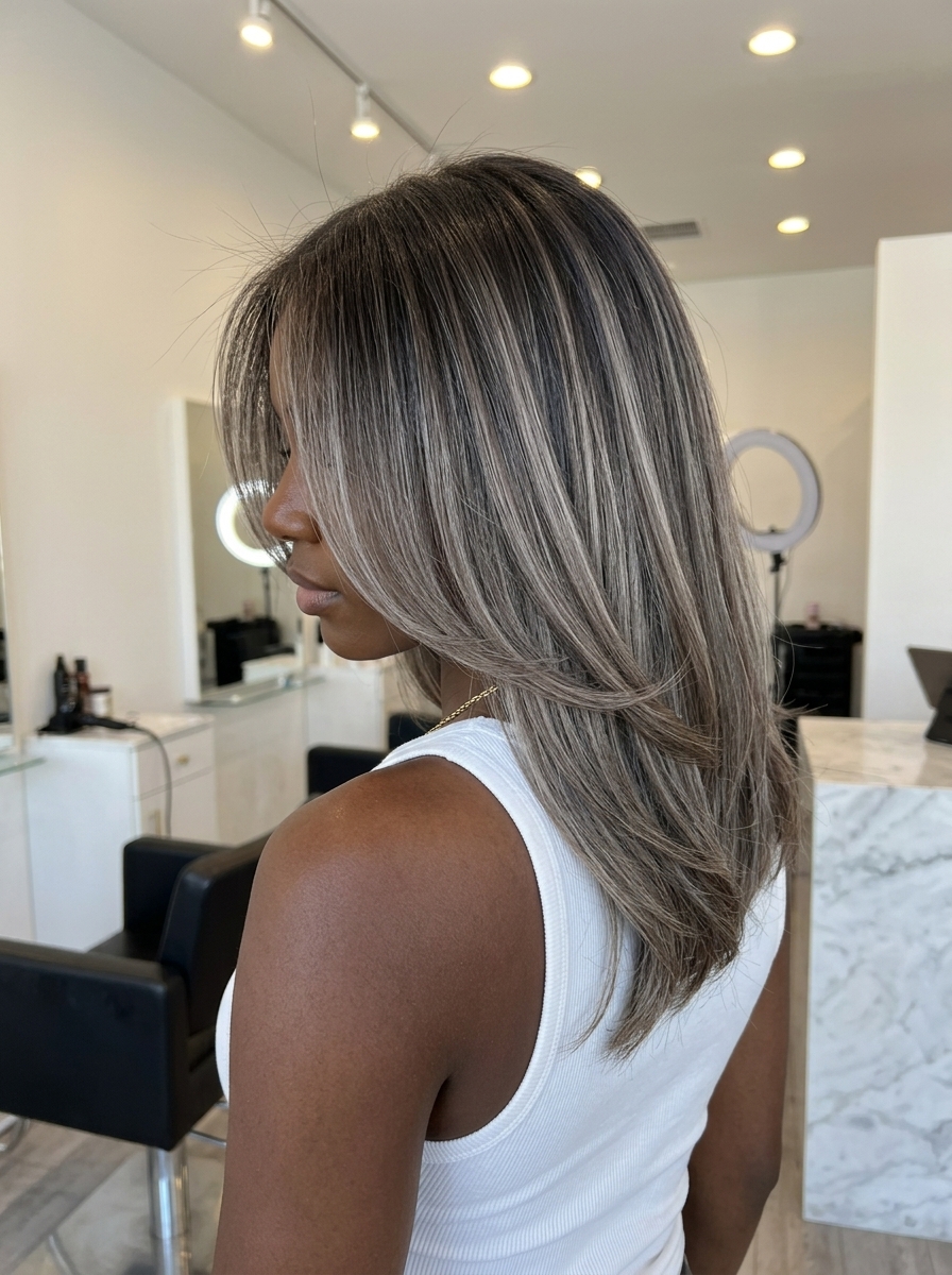 Icy Ash Brown Reverse Balayage 2026 long layered ash brown hair with icy reverse balayage, silver-ash lowlights, cool pearl — bold edgy