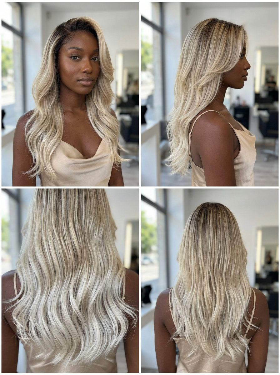 long flowing haircut with icy white-blonde tip-out highlights and dark ash brown root smudge for bold drama