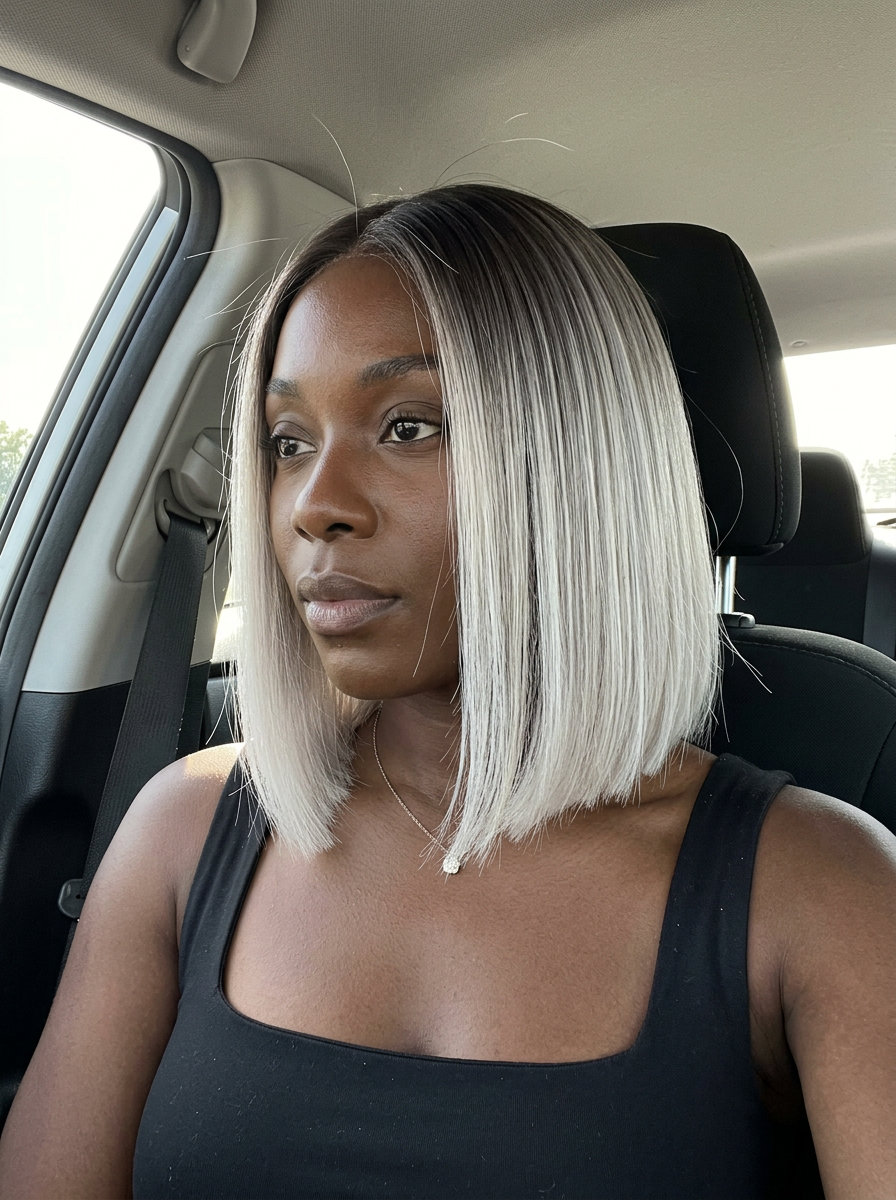 short blunt bob haircut with icy white-blonde tip-out highlights and dark ash brown root for edgy modern
