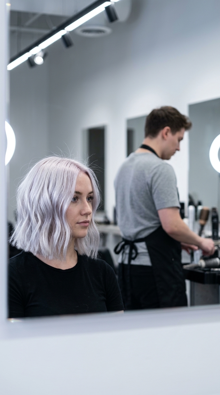 chin-length wavy bob haircut in icy platinum blonde with violet toner, blunt cut, and internal layering for summer