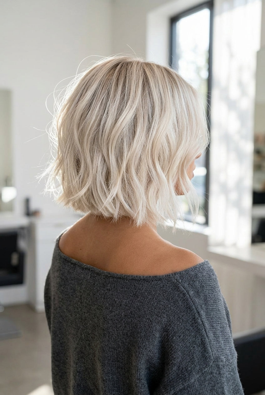 chin-length tousled bob haircut with icy platinum blonde, subtle root shadow, razored perimeter