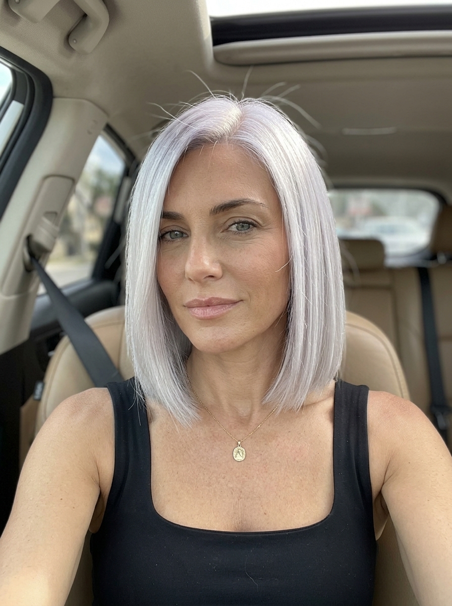 jaw-length blunt bob haircut in icy platinum blonde with violet toner for summer