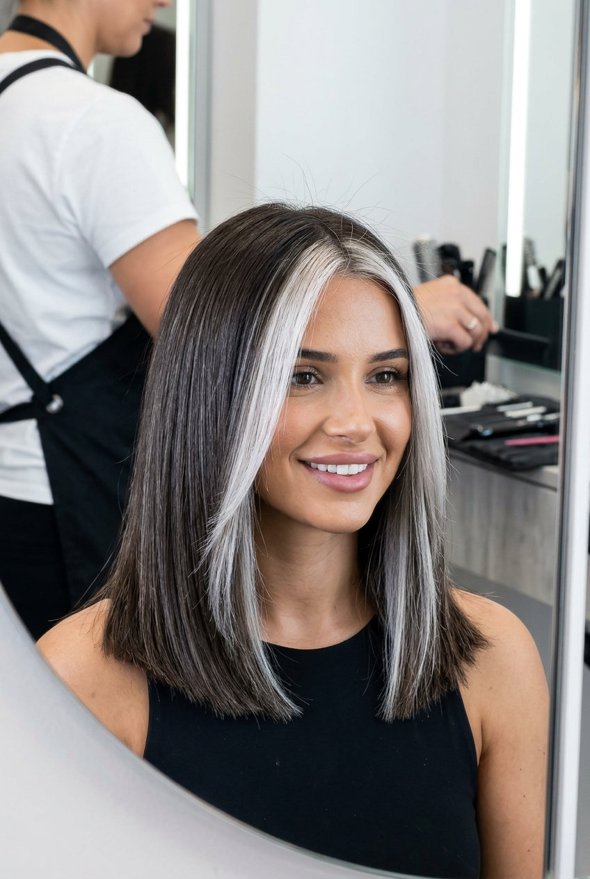 long blunt lob with icy platinum money piece highlights and deep espresso base, foil technique for statement