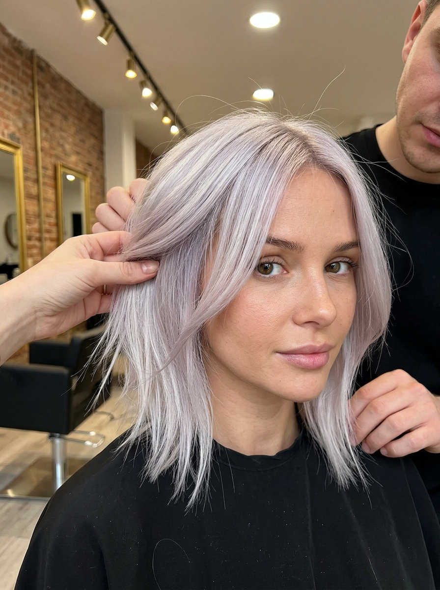 Edgy Platinum Lob Haircut 2026 medium razor-cut lob with icy platinum blonde, deconstructed ends for edgy summer look
