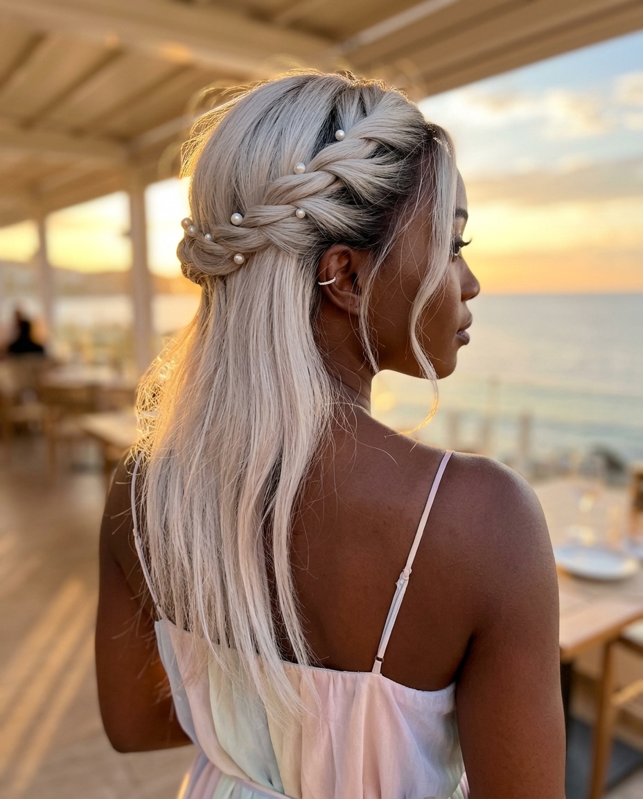 Ethereal Twisted Crown with Pearls - Summer 2026 medium icy platinum blonde twisted crown with pearl pins for summer
