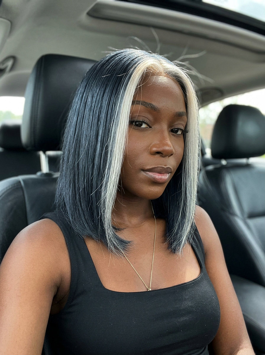 short icy platinum face-framing with cool silver and charcoal base, bold money piece — high-fashion
