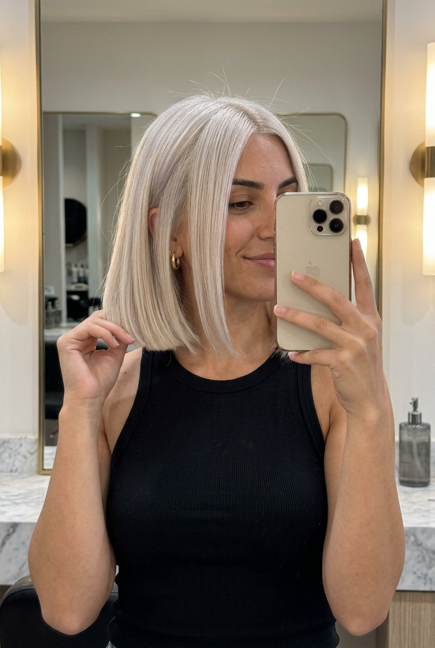 short icy platinum french bob with pearl toner, razor-cut blunt ends for minimalist