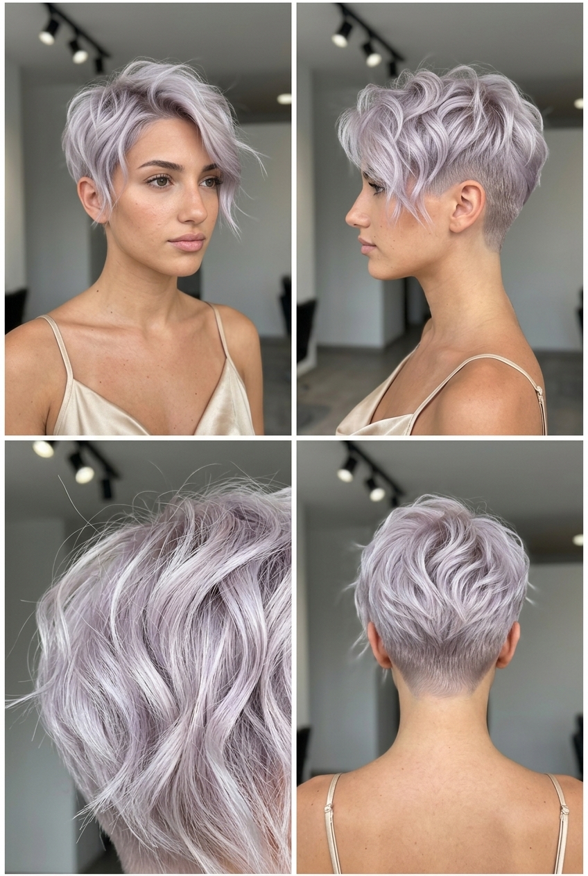 short wavy pixie haircut in icy platinum blonde with cool silver undertones, choppy layers, and asymmetrical fringe for summer