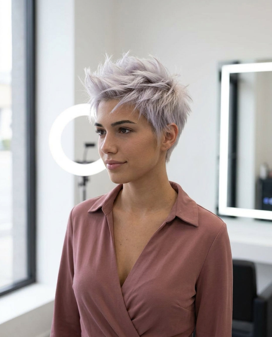 short textured pixie haircut with icy platinum blonde, cool violet toner, and spiked finish for boldness