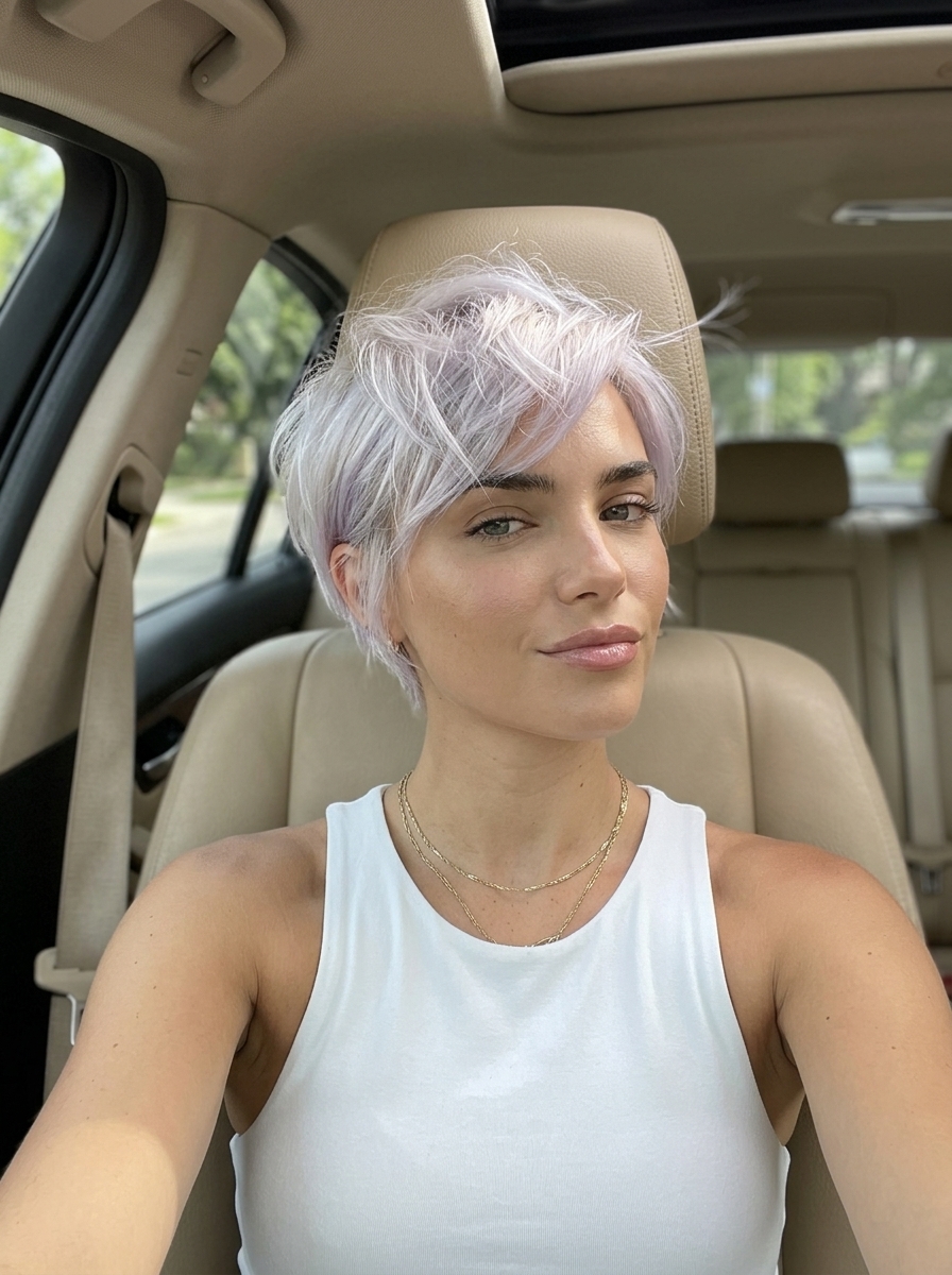 short icy platinum pixie haircut with violet toner and textured layers for summer 2026