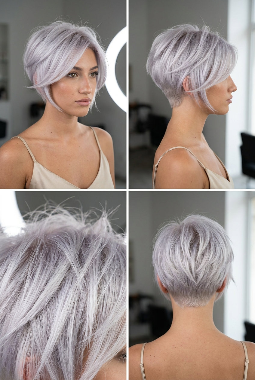 very short icy platinum butterfly pixie haircut with angled wings, razored texture — edgy modern