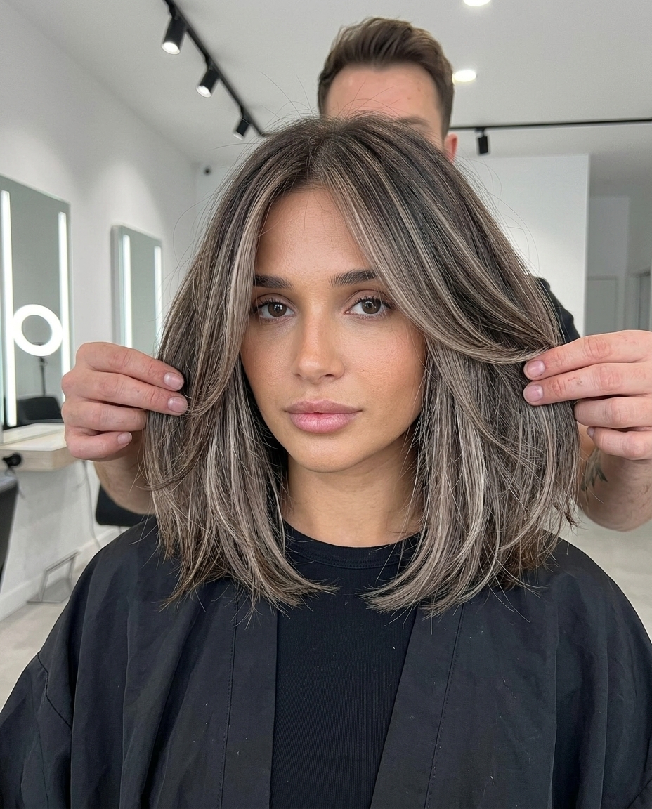 Edgy Icy Walnut Ash Brown Bob 2026 short icy walnut ash brown bob with cool beige, face-framing slices, micro-fringe — edgy night out