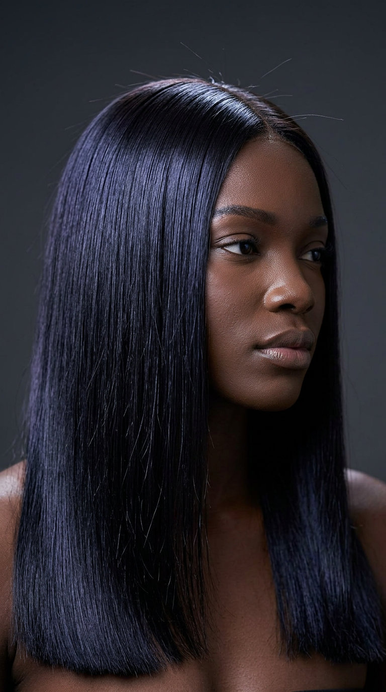long haircut in jet black with blue-violet undertone, sharp blunt perimeter, hidden undercut — edgy mysterious style
