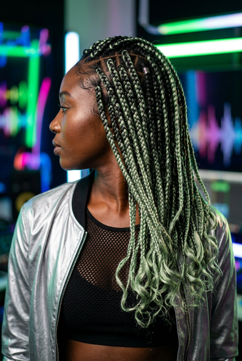 medium-length box braids in jet black and iced matcha green with dual-tone technique for festival summer look