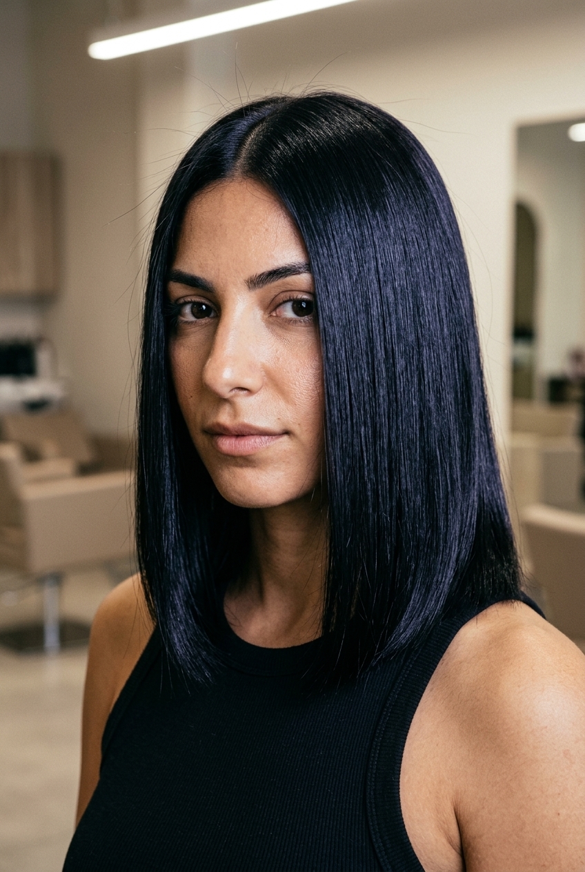 Dramatic Jet Black Lob 2026 medium blunt lob haircut with jet black, blue-violet undertones, high-gloss finish — dramatic