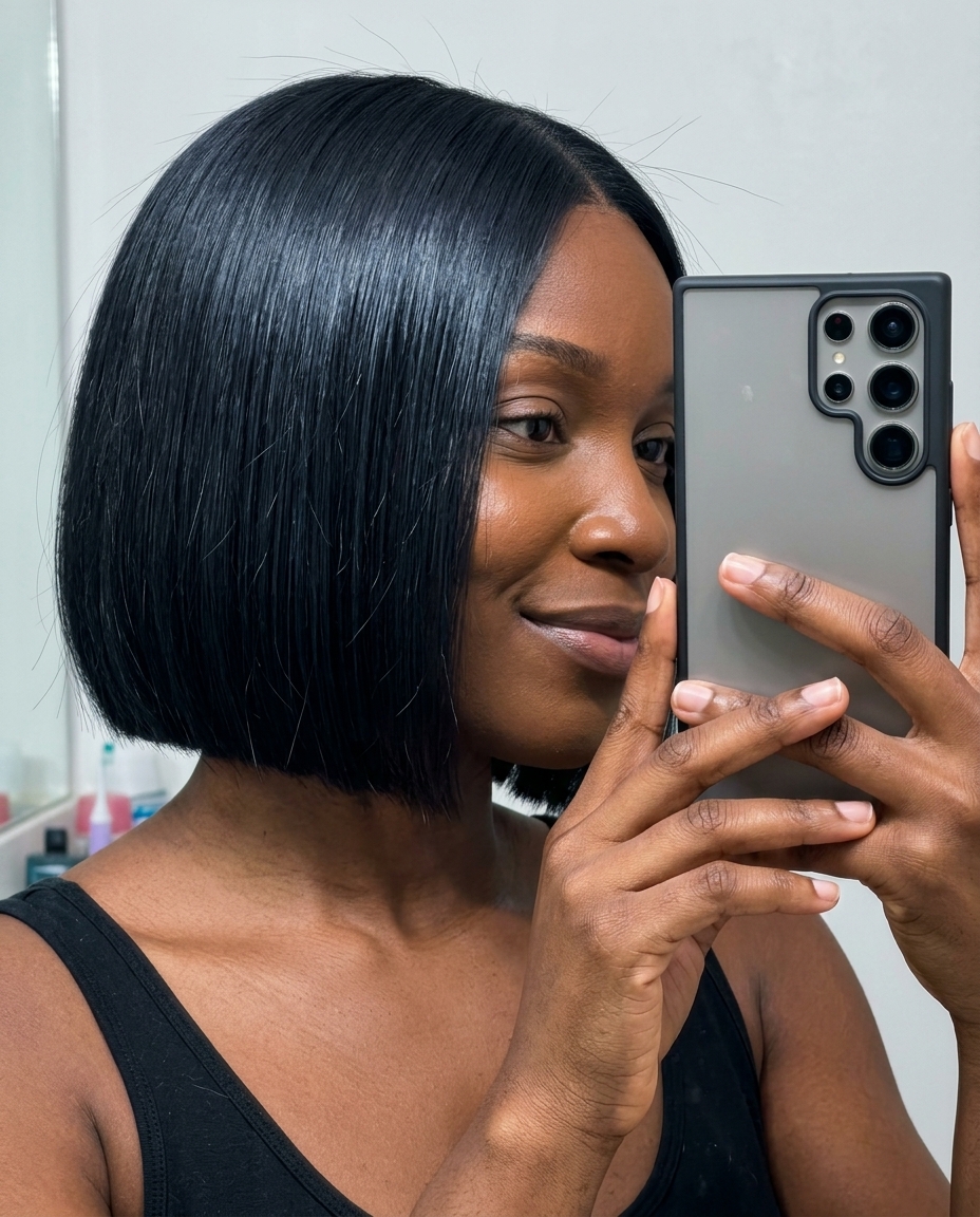 short jet black razor bob with graphic perimeter and undercut nape — edgy professional