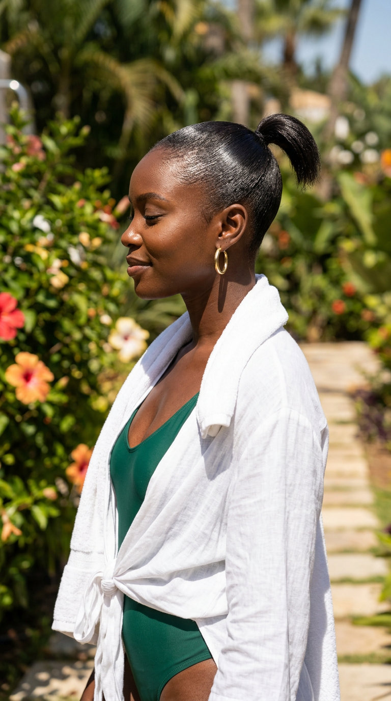 short clipper fade mini high ponytail with jet black, slicked down sides for sporty chic