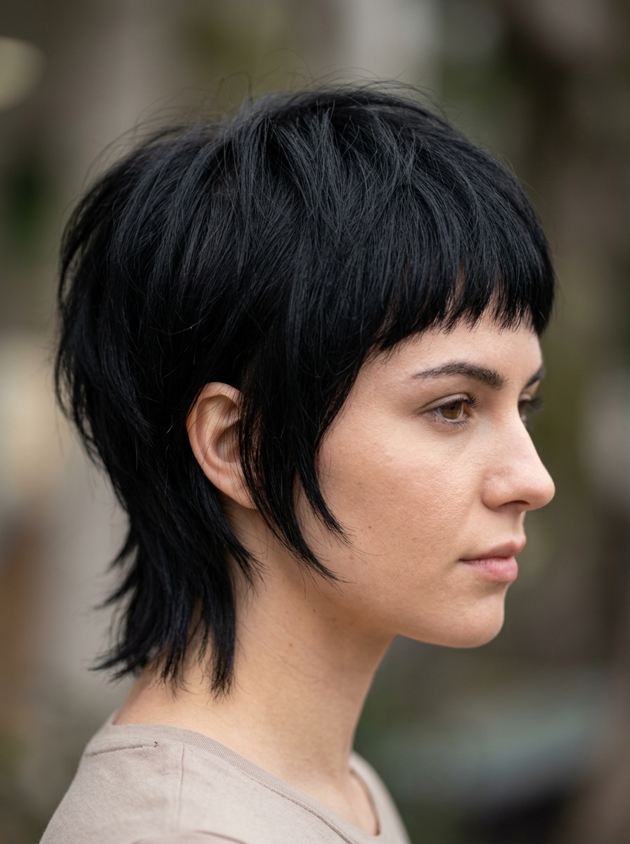Jet Black Pixie Wolf Cut 2026 short jet black pixie wolf cut with micro-fringe, choppy layers, edgy mood